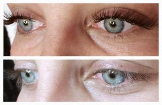 Two close-up eye photos, one above the other, showing blue-green eyes with makeup and without.