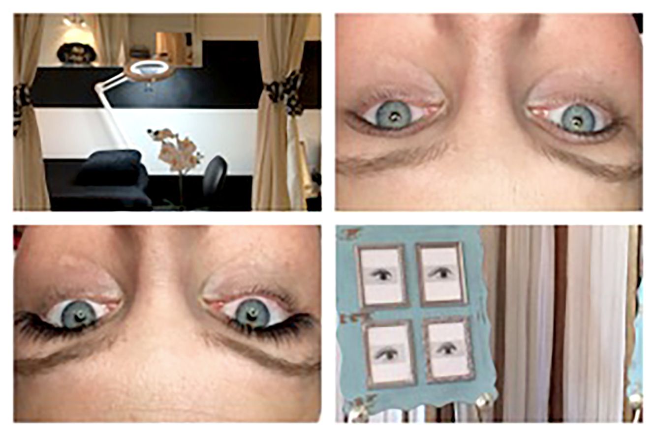 Upside-down collage of a room interior, a pair of eyes, and framed art on a blue wall.