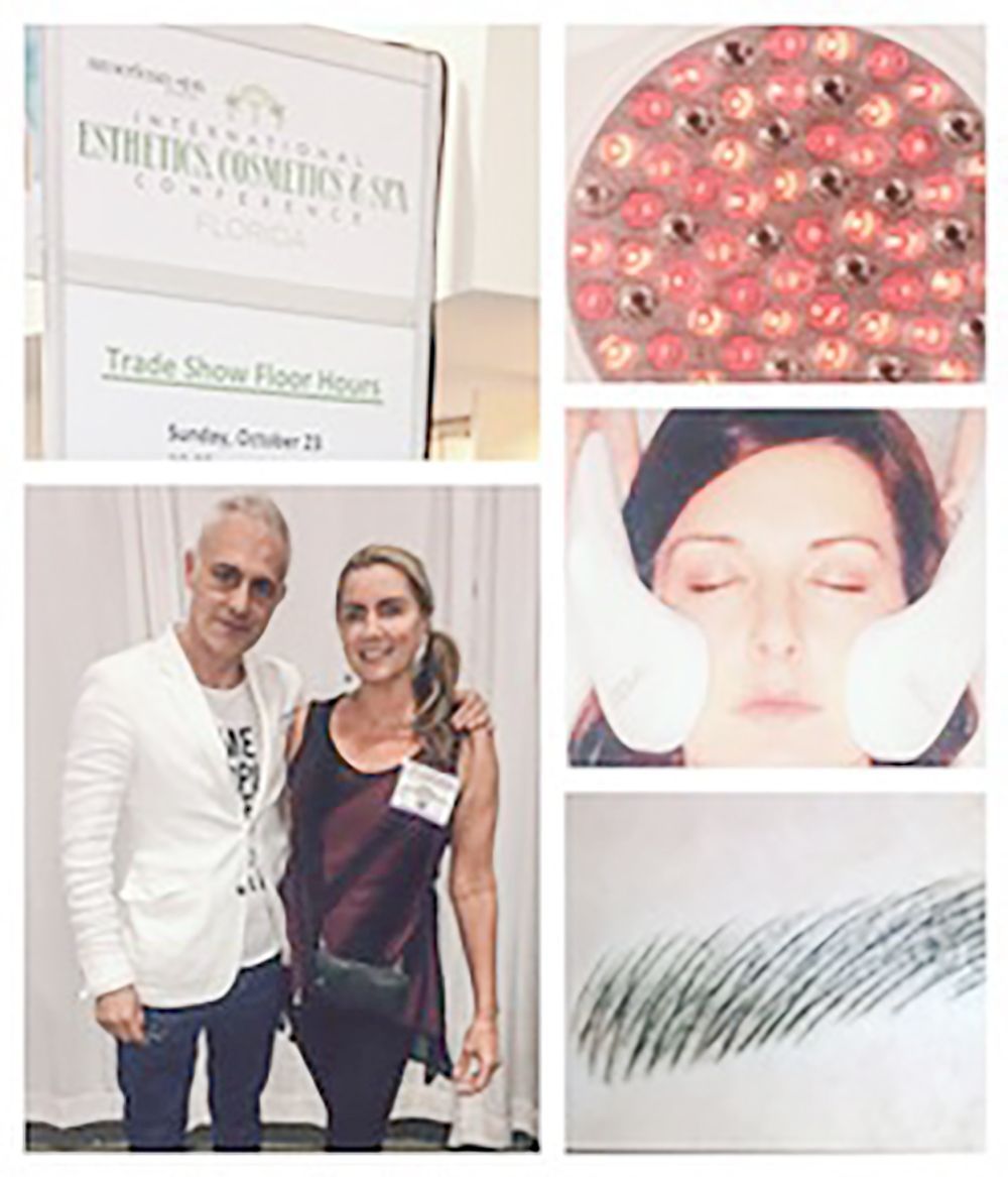 Collage of beauty salon sign, cosmetic treatment images, and two people posing at an event