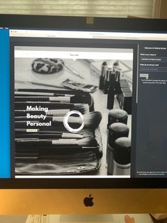 Website mockup on an iMac showing cosmetics on a black-and-white page with “Making Beauty Personal” text.