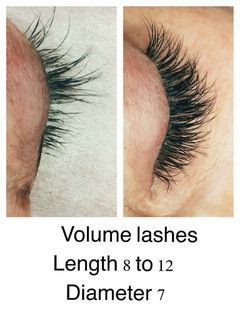Side-by-side eyelash close-ups showing volume lashes; text reads “Length 8 to 12 Diameter 7.”