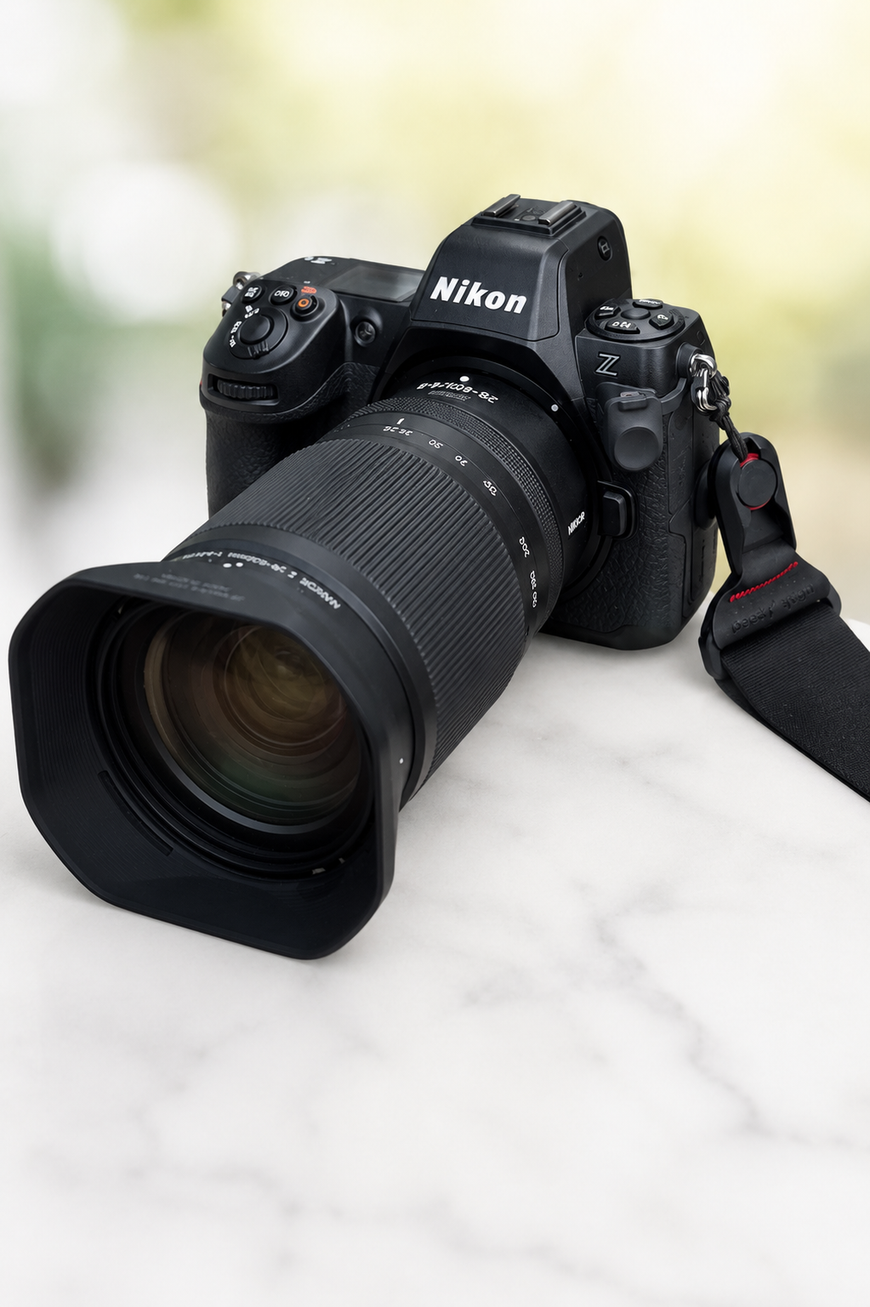 A black camera with a large lens sits on a white surface next to a green potted plant and a laptop corner.