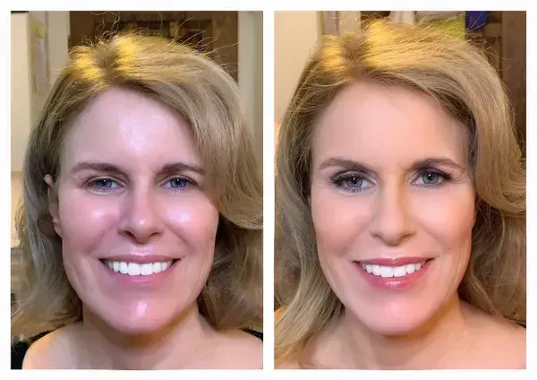 A side-by-side comparison of the same person before and after applying makeup.