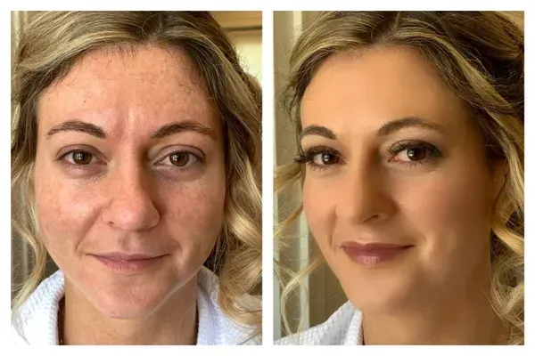A before-and-after comparison showing a person's face with and without professional makeup application.