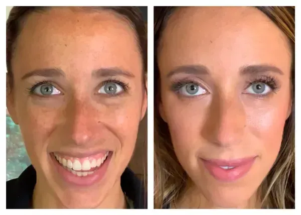 Side-by-side comparison showing a person without makeup smiling, and with full makeup looking directly at the camera.