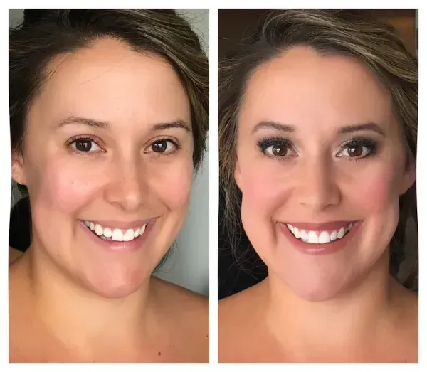 Side-by-side comparison of a person without and with professional makeup.