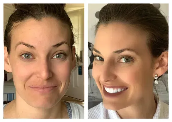 Side-by-side comparison of a person without makeup on the left and wearing makeup and earrings on the right.