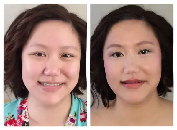 A before-and-after comparison of a person showing the difference between a natural look and one with makeup.