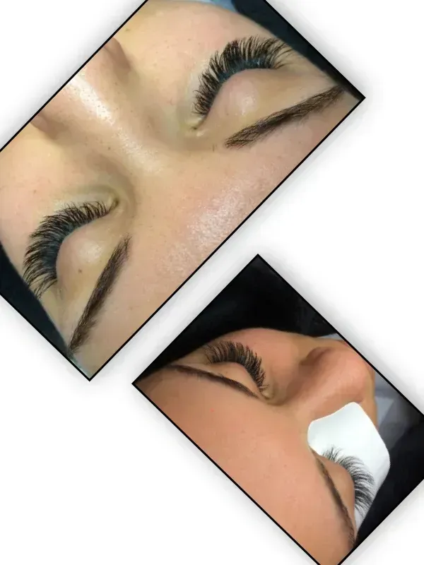 Close-up of closed eyes with long, dark, full eyelash extensions, showing two different angles of the application.