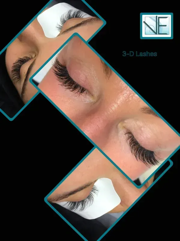 A collage showing close-up views of eyes with applied 3D eyelash extensions, with a brand logo in the top right corner.