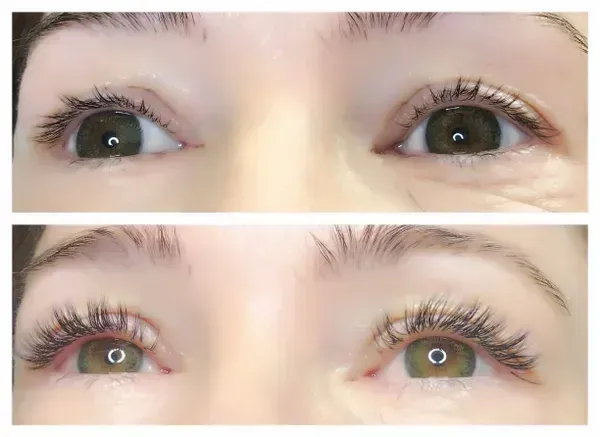 Before and after comparison of eyes showing natural lashes followed by a set of lash extensions.