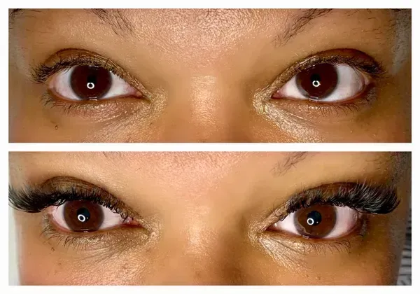 Before and after comparison of eyes showing natural lashes followed by a set of full, dark, wispy eyelash extensions.