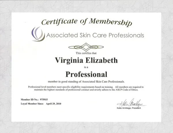 A membership certificate for Virginia Elizabeth from Associated Skin Care Professionals, listing member ID and start date.