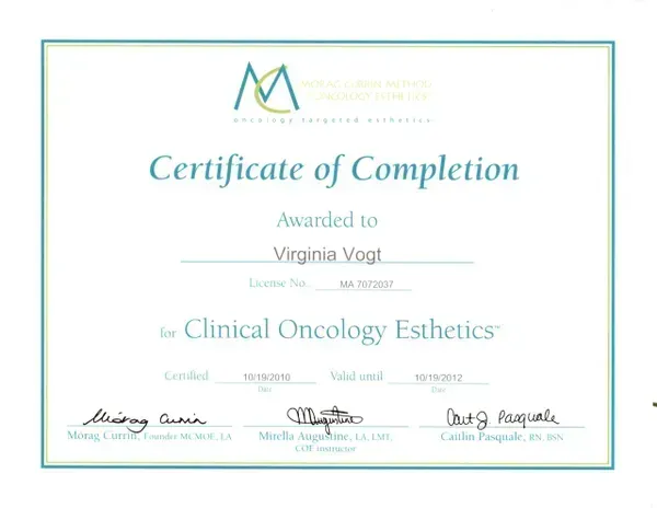 A certificate of completion awarded to Virginia Vogt for Clinical Oncology Esthetics.