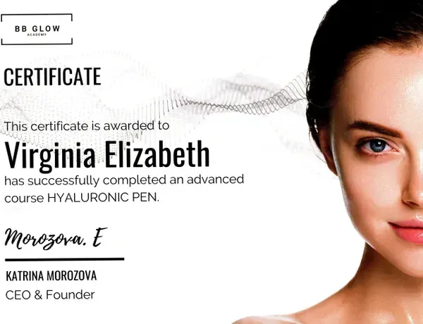 Certificate for Virginia Elizabeth for completing an advanced Hyaluronic Pen course, signed by CEO Katrina Morozova.