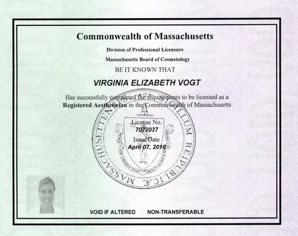 Commonwealth of Massachusetts Board of Cosmetology license for Virginia Elizabeth Vogt, issued April 07, 2010.