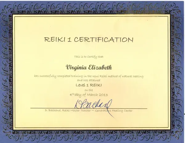 Reiki 1 certificate issued to Virginia Elizabeth on March 4, 2013, with a dark blue ornate border