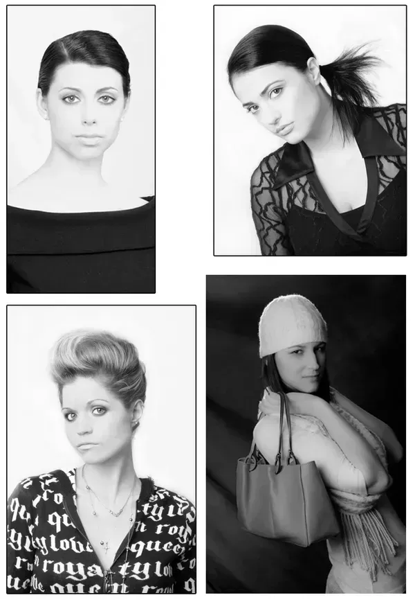A collage of four black-and-white portraits featuring individuals with various hairstyles and clothing styles.