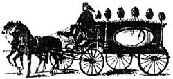 Horse-drawn funeral carriage with coffin and seated mourners in black silhouette