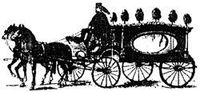Horse-drawn funeral carriage with coffin and seated mourners in black silhouette