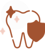 Stylized white tooth with brown filling, star sparkle, and peach accents on a white background