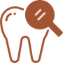 Tooth with magnifying glass icon in brown and white