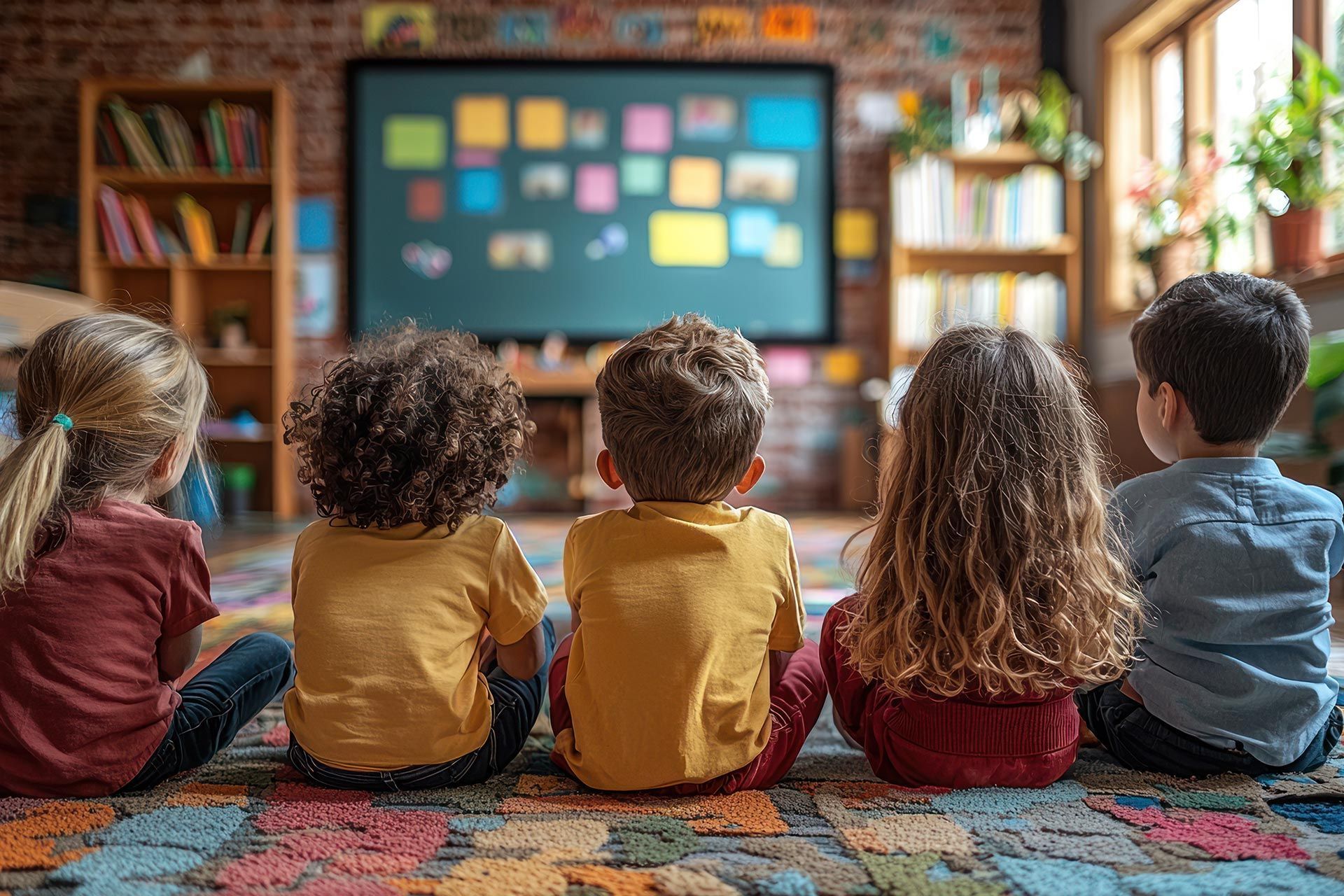 Children in a kindergarten preparatory program watching the board on a rug in a classroom setting. Children in a kindergarten preparatory program watching the board on a rug in a classroom setting.