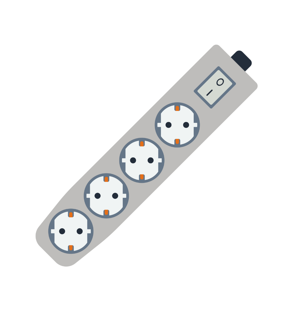 A power strip with four outlets and an on and off switch.