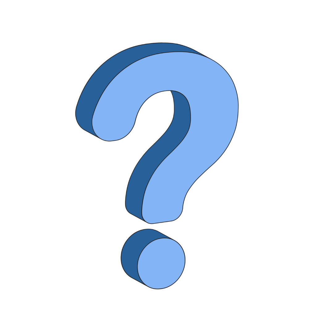 A blue question mark on a white background