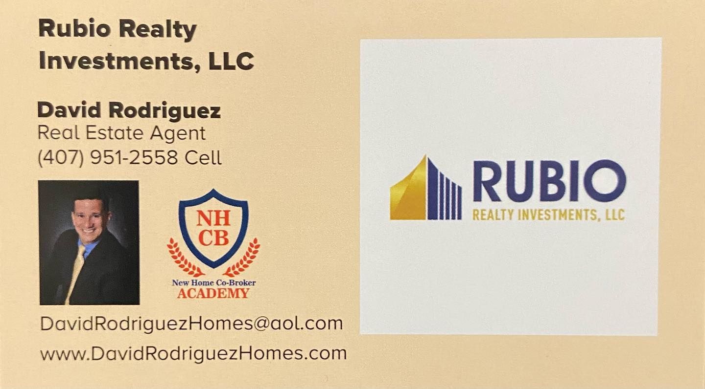 RUBIO Realty Investments business card with David Rodriguez contact details and logos on beige background