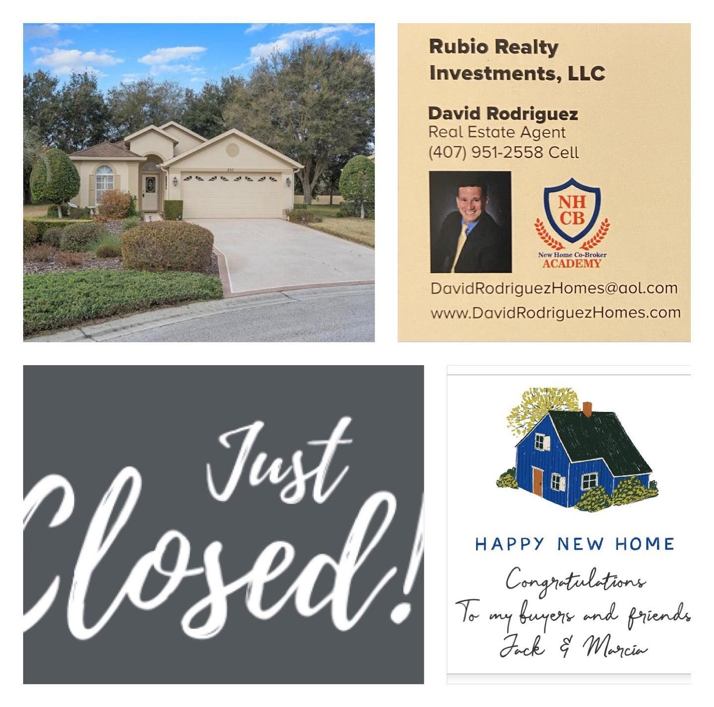 Real estate closing collage with house photo, Rubio Realty business card, and “Just closed” message