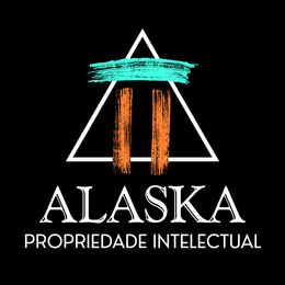 Logótipo da ALASKA Propiedad Intelectual: triângulo branco, topo turquesa, colunas laranja sobre fundo preto