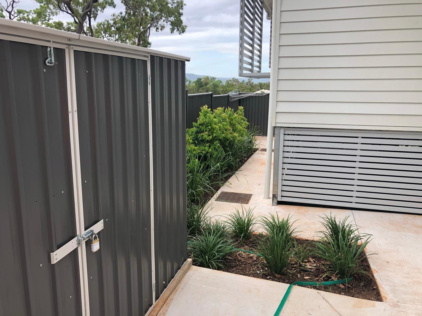 Backyard with gray shed, white house, narrow walkway, and green plants.