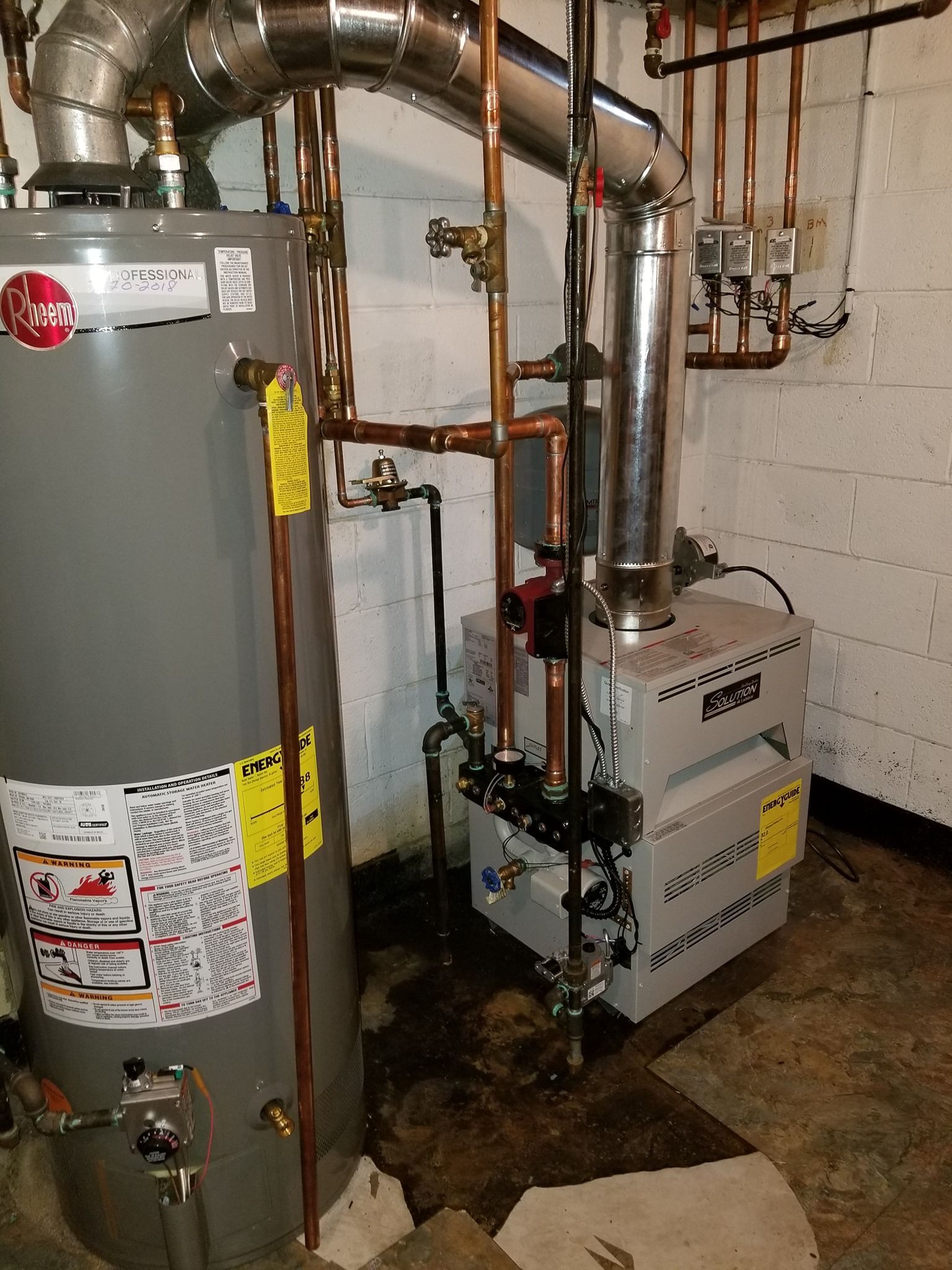 a water heater and a furnace are in a basement