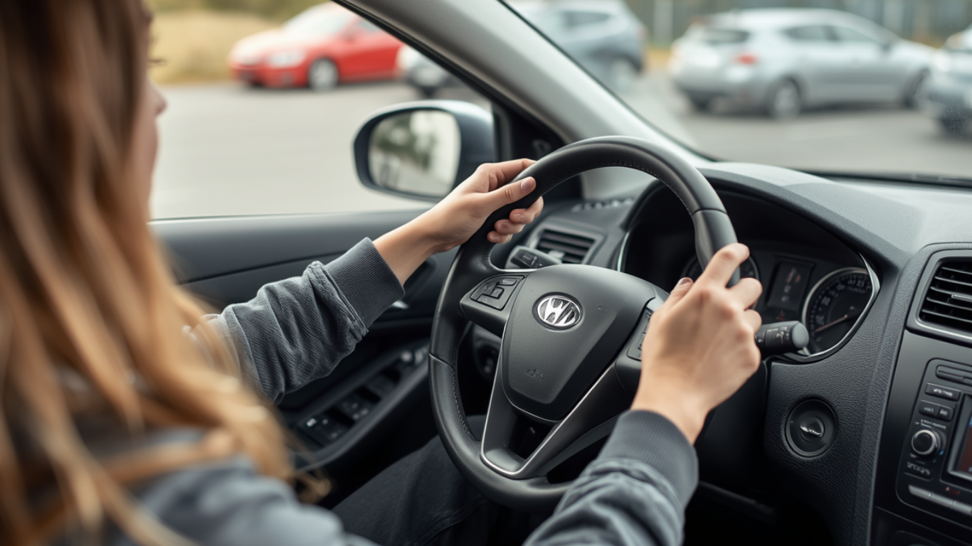 A person with long hair driving a car, hands on the steering wheel, with a parking lot visible through the windshield.