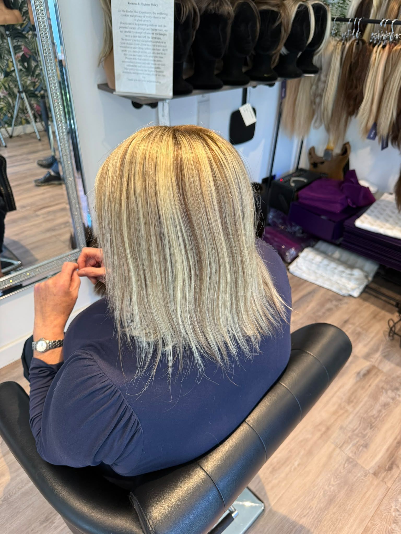 Natural-looking blonde hair topper adding fullness and coverage after a professional fitting in Stafford.