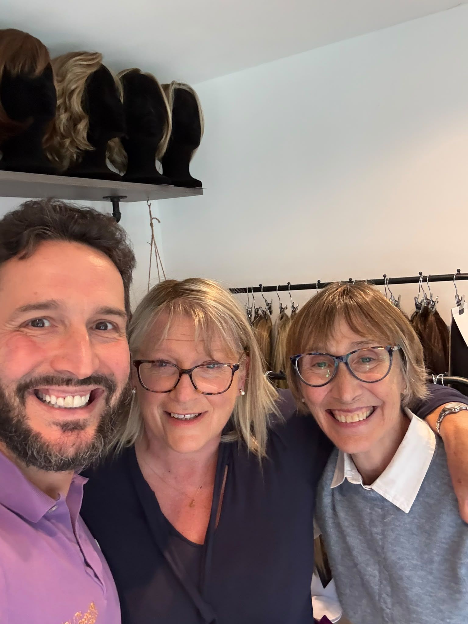 Charles with two happy clients during a private wig and hair topper consultation at The Roche Hair Experience in Stafford.