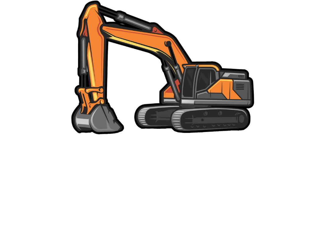 A cartoon drawing of an excavator on a white background.