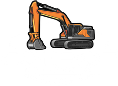A cartoon drawing of an excavator on a white background.