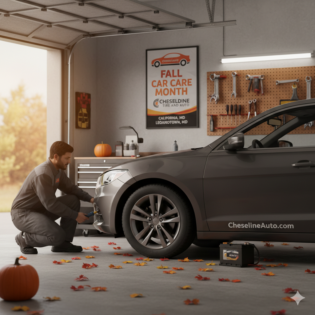 Mechanic kneels beside a gray car in a garage with a “Fall Car Care Month” poster and pumpkins.
