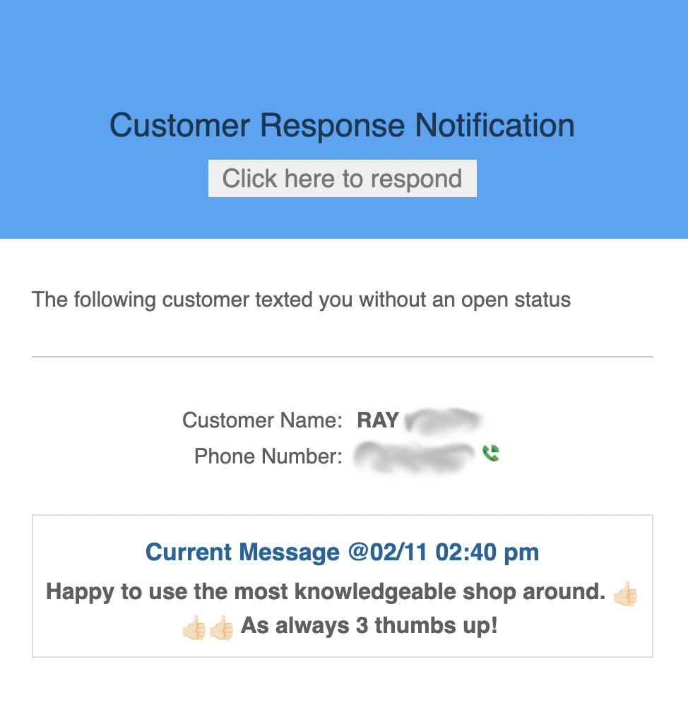 A customer response notification that says click here to respond