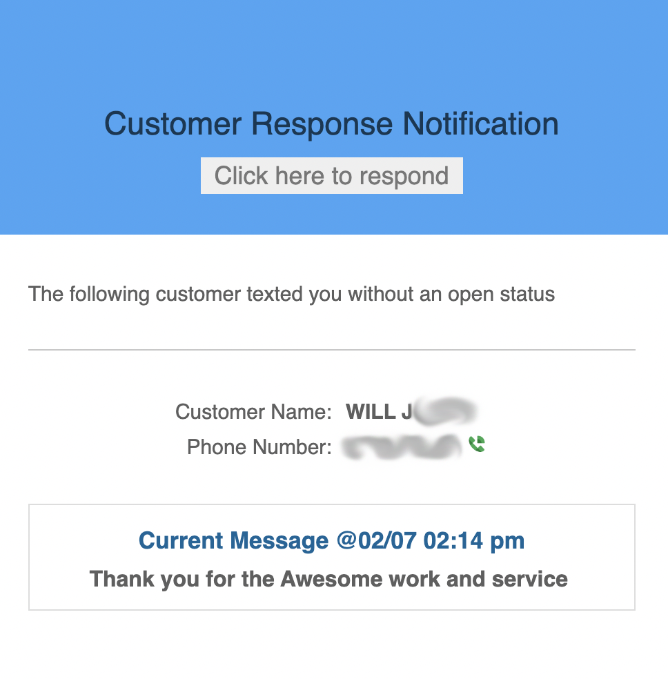 A screenshot of a customer response notification