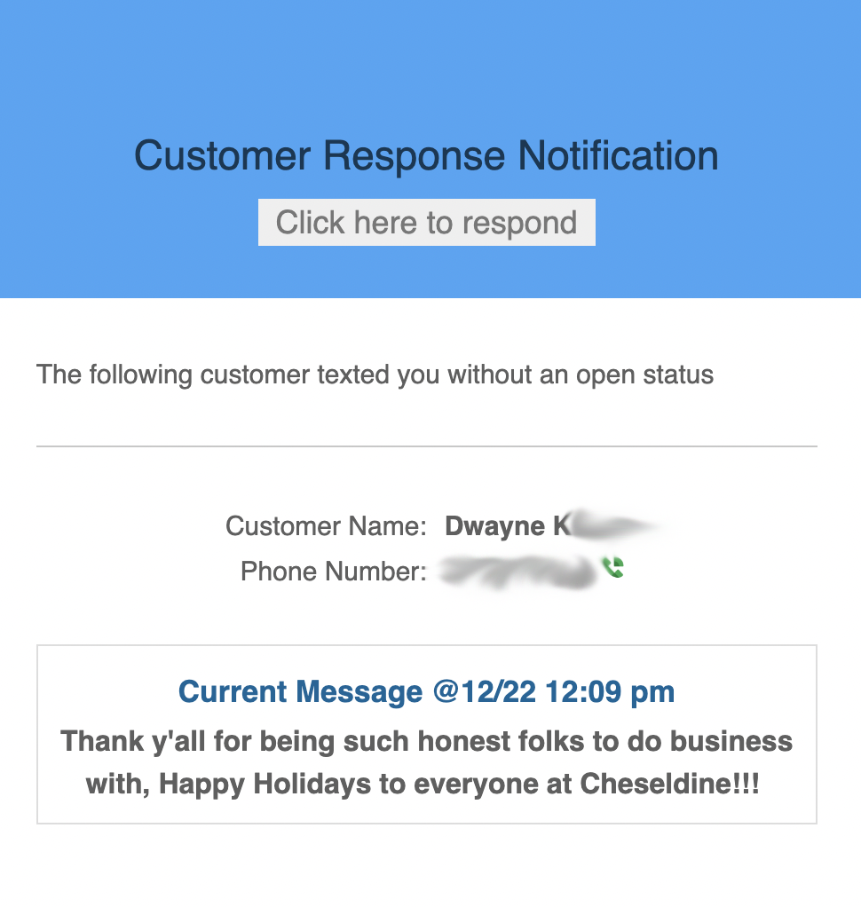 A screenshot of a customer response notification