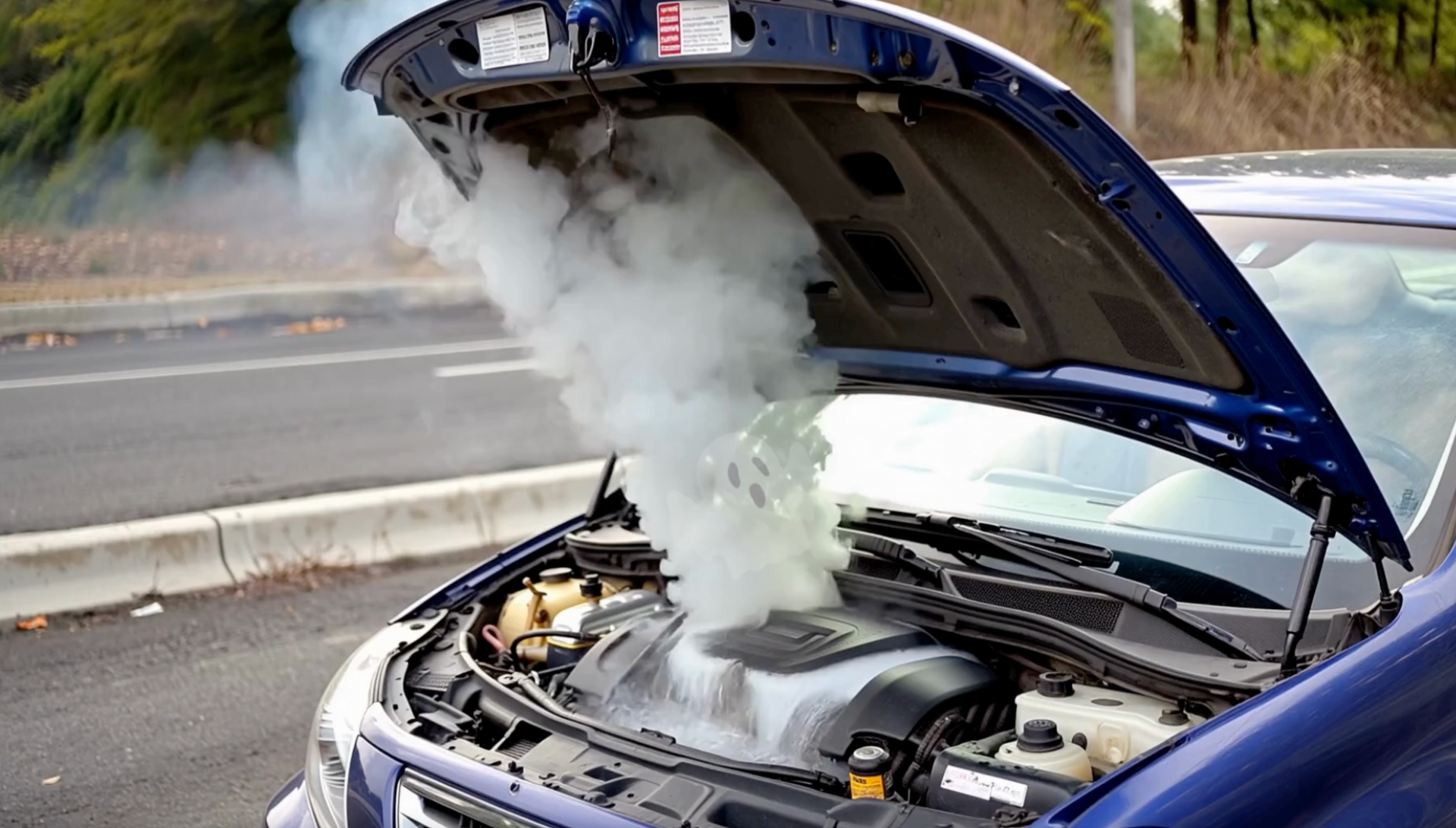 Blue car with hood open, engine smoking heavily on the roadside