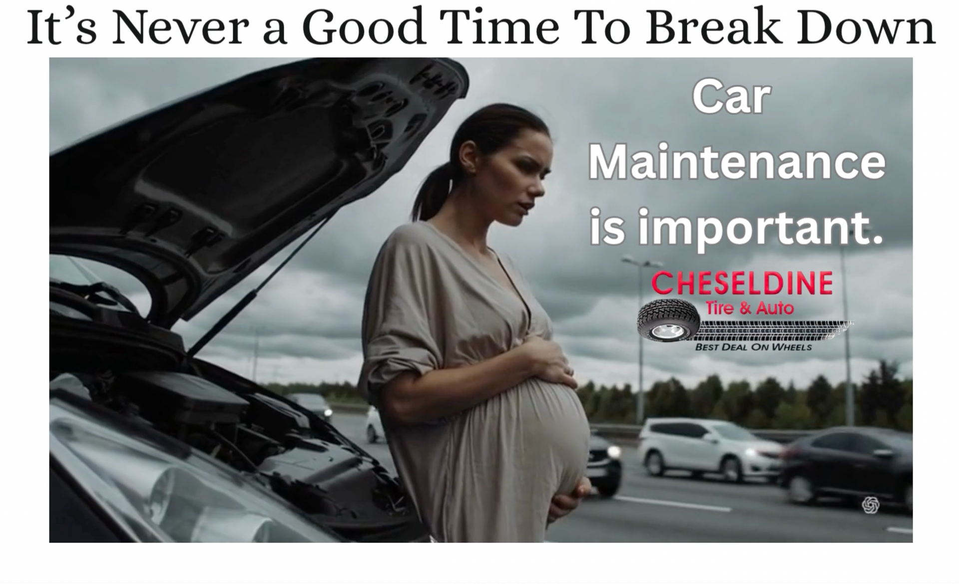 Pregnant woman next to car that needs repair. 
