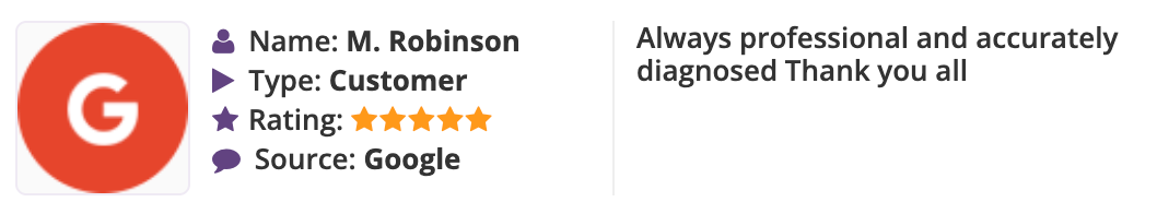 Google review for T. Robinson with 5 stars and comment: “Always professional and accurately diagnosed Thank you all”