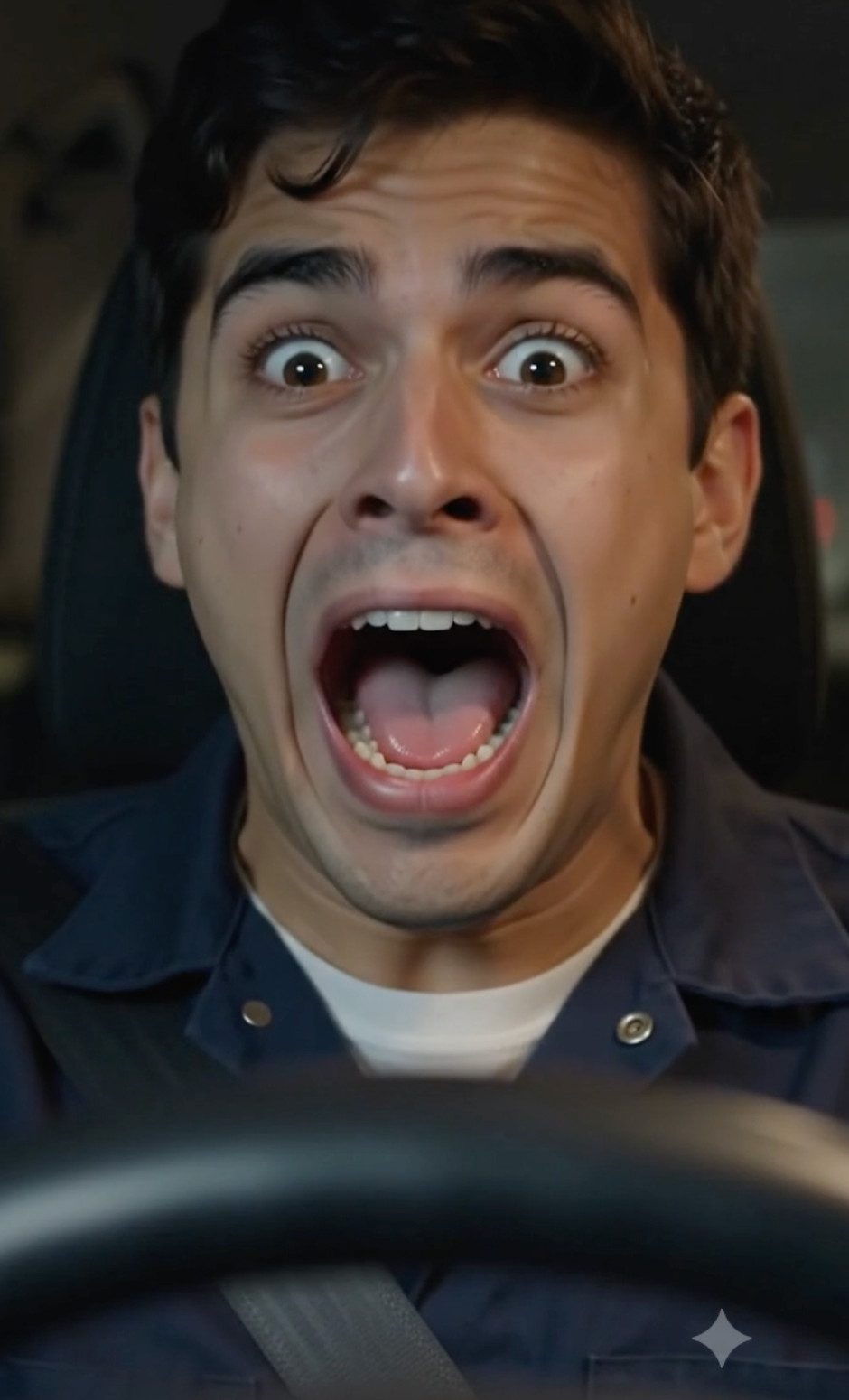man screaming in fear from dash lights