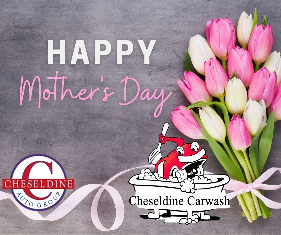 Happy Mother’s Day card with pink tulips and Cheseldine Carwash logo on gray background