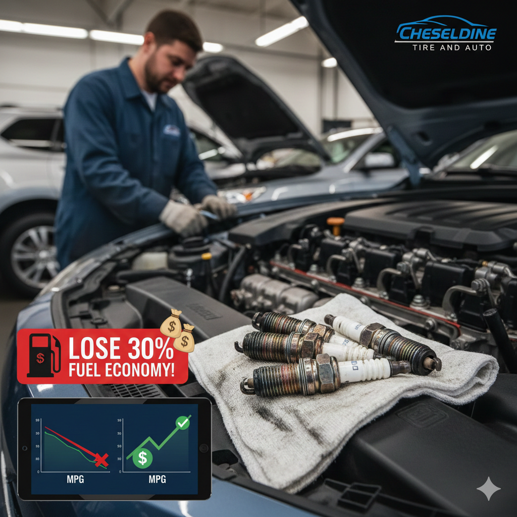Mechanic inspecting car engine with worn spark plugs; ad warns “Lose 30% fuel economy.”