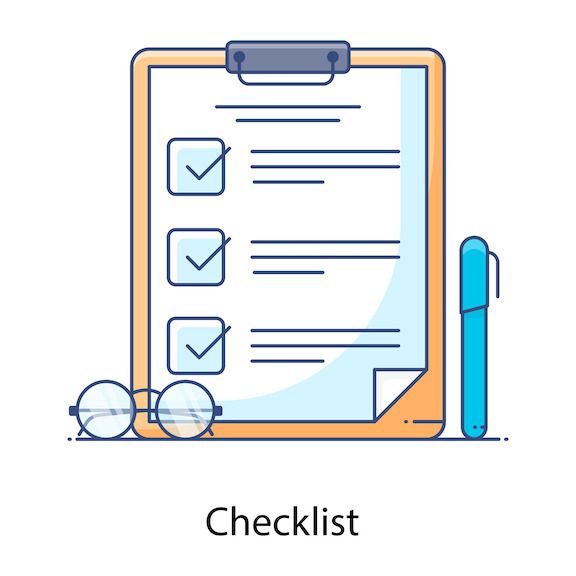 A clipboard with a checklist on it next to a pen and glasses.